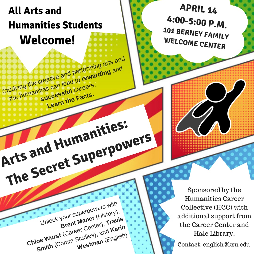 English Department (@englishkstate) on Twitter photo Today! Join us at 4pm at the Berney Family Welcome Center to translate experience in arts and humanities degrees into career superpowers! <a href="/KStateArtSci/">K-State Arts and Sciences</a> <a href="/kstatecareer/">K-State Career Center</a> @KSUHist <a href="/KSUPhilosophy/">KState Philosophy</a> <a href="/ksucommstudies/">K-State Comm Studies</a> <a href="/KStateModLangs/">K-State Modern Languages</a> <a href="/KSU_SoTran/">Social Transformation Studies</a> @kstatemtd Today! Join us at 4pm at the Berney Family Welcome Center to translate experience in arts and humanities degrees into career superpowers! <a href="/KStateArtSci/">K-State Arts and Sciences</a> <a href="/kstatecareer/">K-State Career Center</a> @KSUHist <a href="/KSUPhilosophy/">KState Philosophy</a> <a href="/ksucommstudies/">K-State Comm Studies</a> <a href="/KStateModLangs/">K-State Modern Languages</a> <a href="/KSU_SoTran/">Social Transformation Studies</a> @kstatemtd