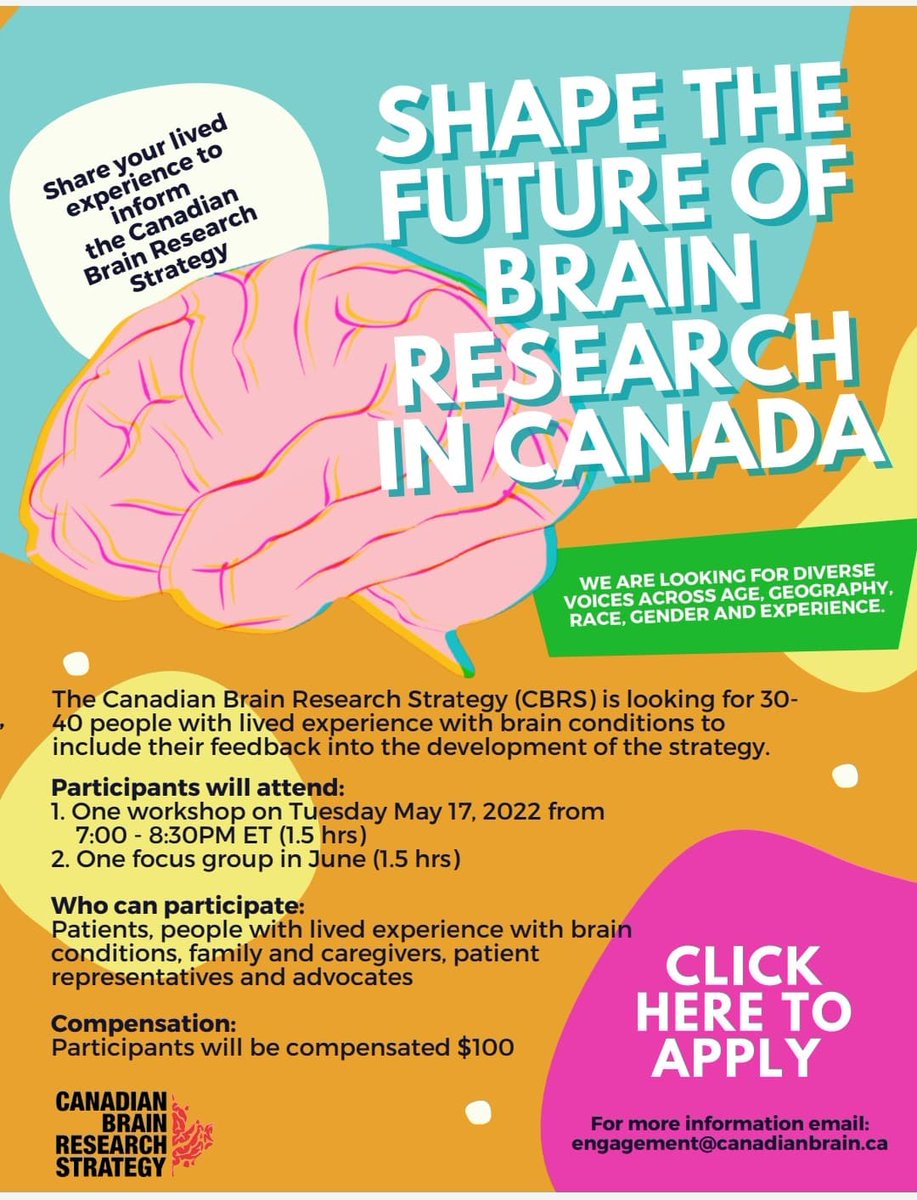 Hi Everyone, Share your lived experience to inform the Canadian Brain Research Strategy (CBRS)
The (CBRS) is looking for 30-40 people with lived experience with brain conditions to include their feedback into the development of the strategy Love Cassidy💜
docs.google.com/forms/d/e/1FAI…
