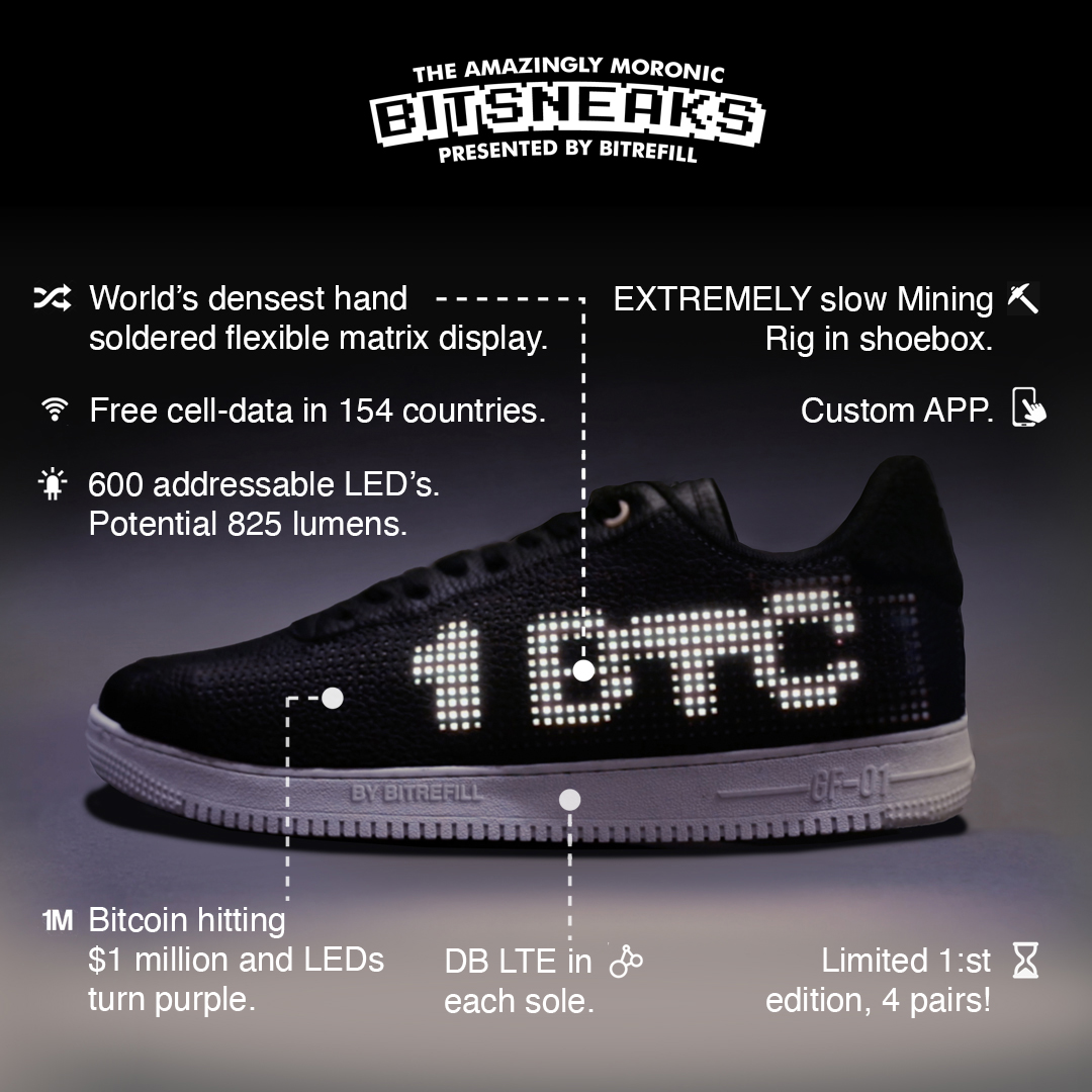 🚀Bitrefill teams w. NBA star Spencer Dinwiddie introducing Bitsneaks!🚀
World’s slickest &amp; most high tech sneaker. Displaying the real-time price &amp; block height of BTC! Check it out @ bitsneaks.com. Retweet for a chance to win a pair! bit.ly/3Ebierb #bitsneaks