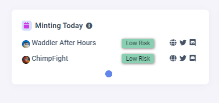 Reviewed Projects Minting Today

🔮<a href="/WaddlerHQ/">Waddler After Hours | Mint on APRIL 14</a> 
🔮@ChimpFightGame 
 
Improve your #DYOR process with the APP: app.radrugs.io