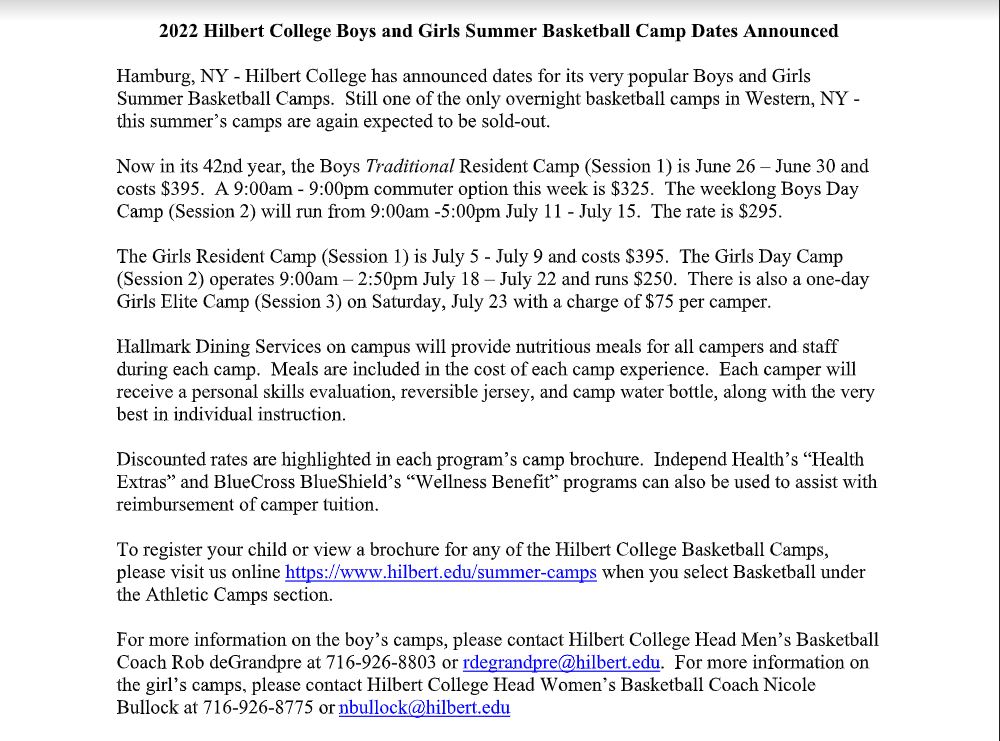 WNYAthletics's tweet photo. 2022 Hilbert College Boys and Girls Summer Basketball Camp Dates Announced

2022 Boys Camp Brochure: https://t.co/rYf7Zm6oOm 

2022 Girls Camp Brochure: https://t.co/2FrshuvUZp 

@HilbertMBB @HilbertAthletic @HilbertCollege @Hilbert_Comm https://t.co/TtNHuH8mOK