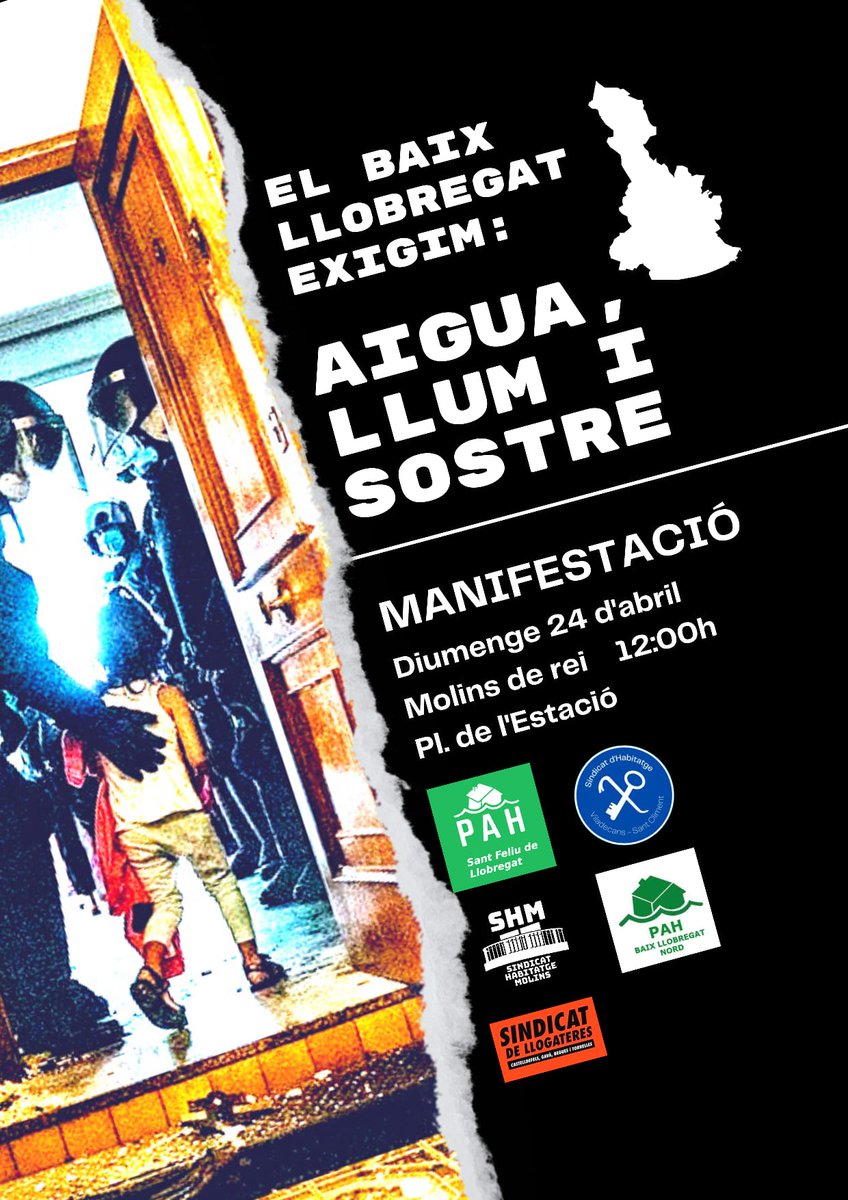 💥MANIFESTACIÓ💥

Aigua,
LLum i
Sostre

🗓️Diumenge 24 d'Abril
📍Pl. Estació de Renfe (Molins de Rei)
⏰12:00H