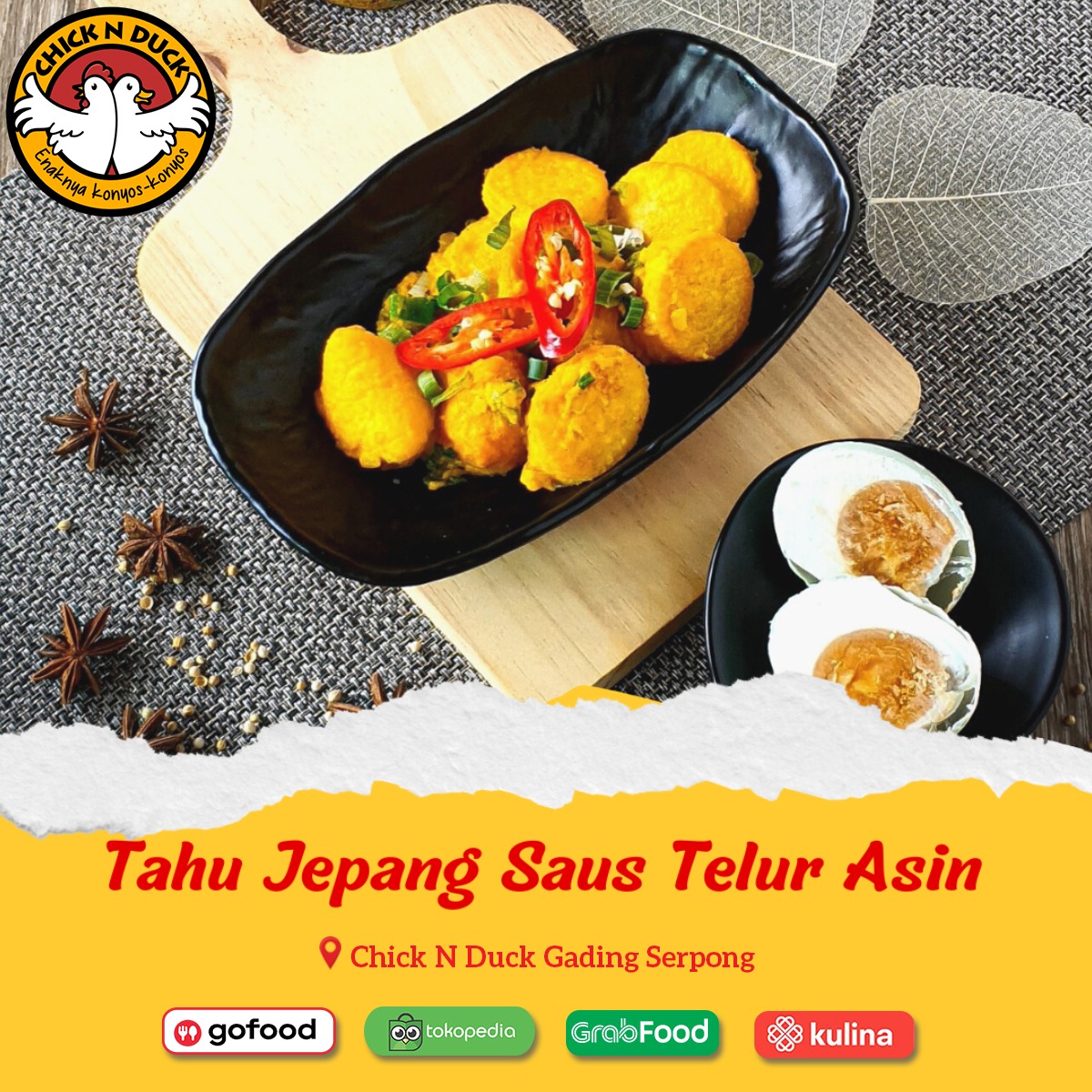 chicknduckresto's tweet photo. Makan siang ditemani dengan #TahuJepang yang dibaluri #SausTelurAsin yang lembut, gurih dan nikmat 😋

Wajib cobain deh agar mood makan siangmu makin naik. Yuk langsung aja temui kami di #gofood, #GrabFoodJakarta dan #Kulina #ChickNDuck atau bisa langsung datang ke resto kami. https://t.co/Panxa6vNQ4