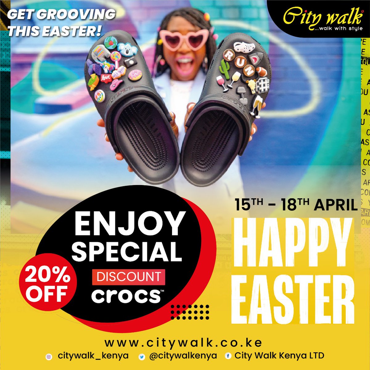 citywalkkenya's tweet photo. City walk would like to wish you a Happy Easter.Enjoy this Special 20% CROCS Discount from Today till 18th of April.😻🔥🔥🔥

#crocsjibbitz #crocs #crocsoriginal #jibbitz #crocswomen #crocsmurah #crocskids #crocssale #fashion #crocsmen #citywalkat30 https://t.co/eUdj0DWVDQ