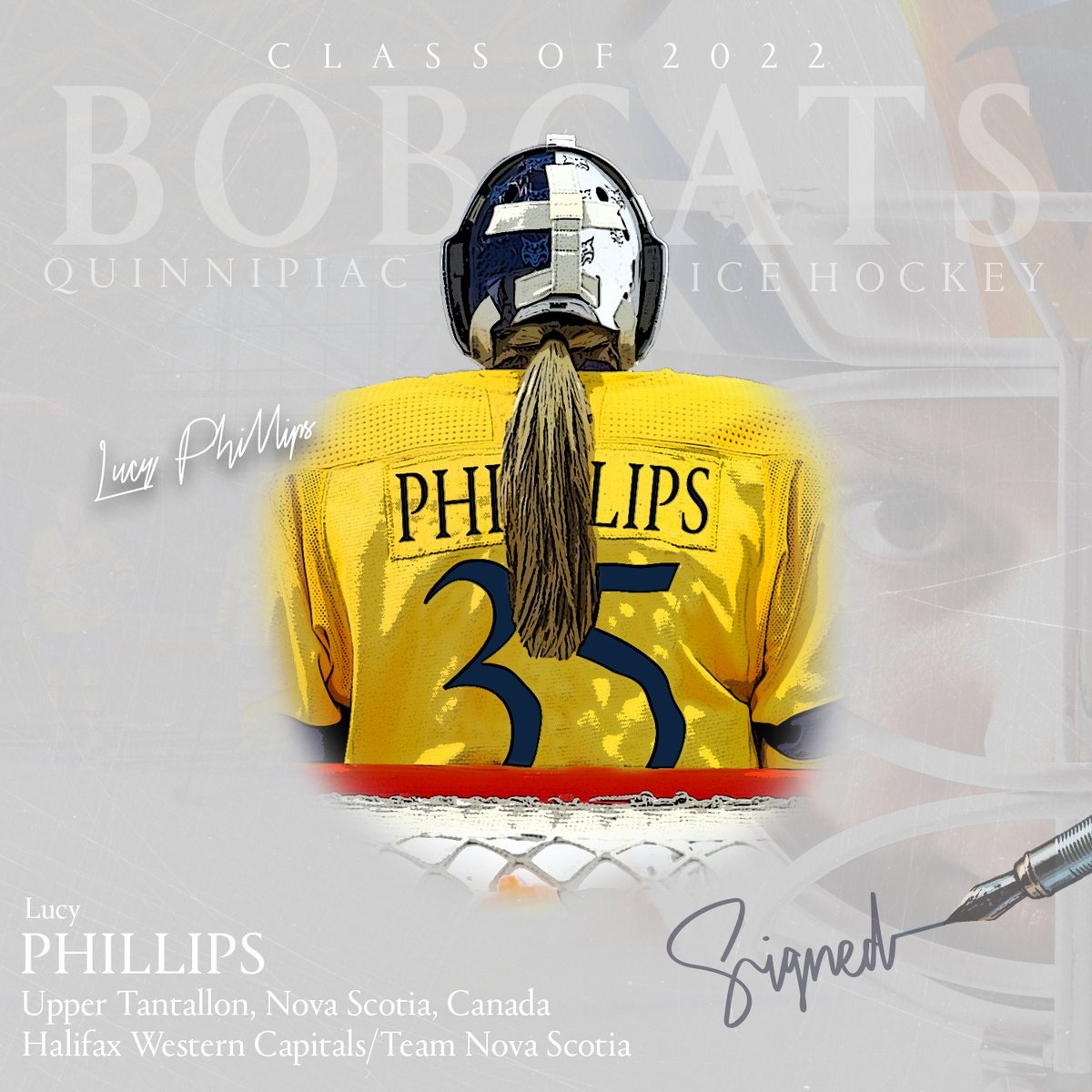 Our next signee is Lucy Phillips!! ✍️

Lucy is a goalie from Nova Scotia who also was selected to Hockey Canada's U18 National Team!

We can't wait to have Lucy in Hamden in the fall of 2023! 😼