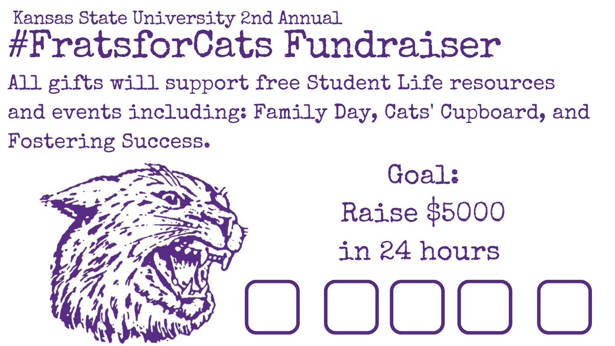 KStatePFP's tweet image. Join 16 fraternities as they fundraise in the 2nd Annual #FratsForCats Challenge. Help them find 100 donors in 24 hours!! Contribute&amp;gt;&amp;gt;bit.ly/3jB1VKE @FSLatKState @KSU_Foundation