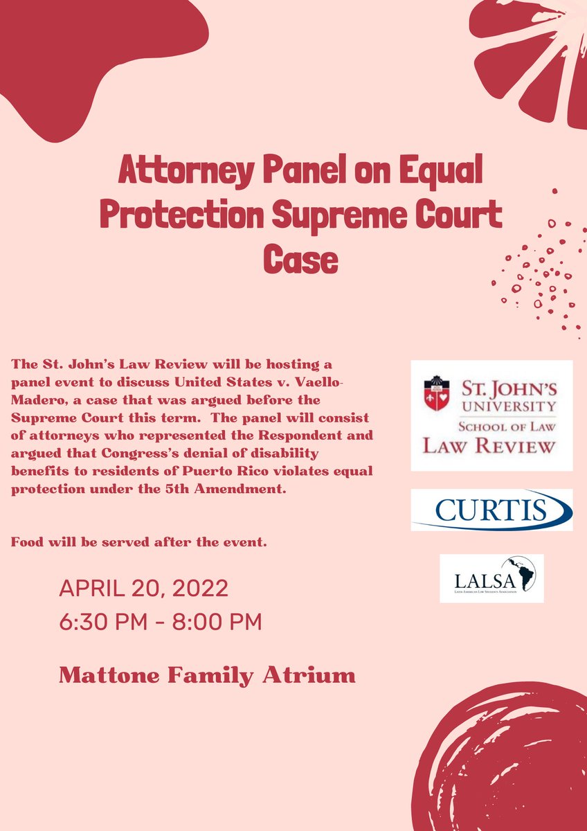 Come join Law Review's D&amp;I Committee &amp; St. John's LALSA as we hear from panelists that argued in front of the Supreme Court on an Equal Protection Clause issue. Food will be served following the panel. See you from 6:30-8:00 p.m. on Wednesday!
