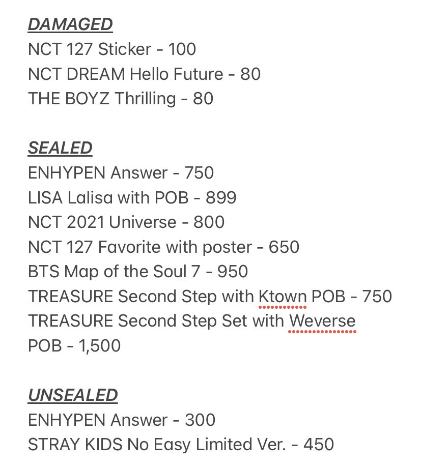 ‼️ CLEARANCE SALE ‼️

Sealed, Unsealed, and Damaged onhand albums! 😁 

WTS | LFB | ONHAND | PH | SALE | LISA | BTS | NCT | ENHYPEN | THE BOYZ | TREASURE | STRAY KIDS