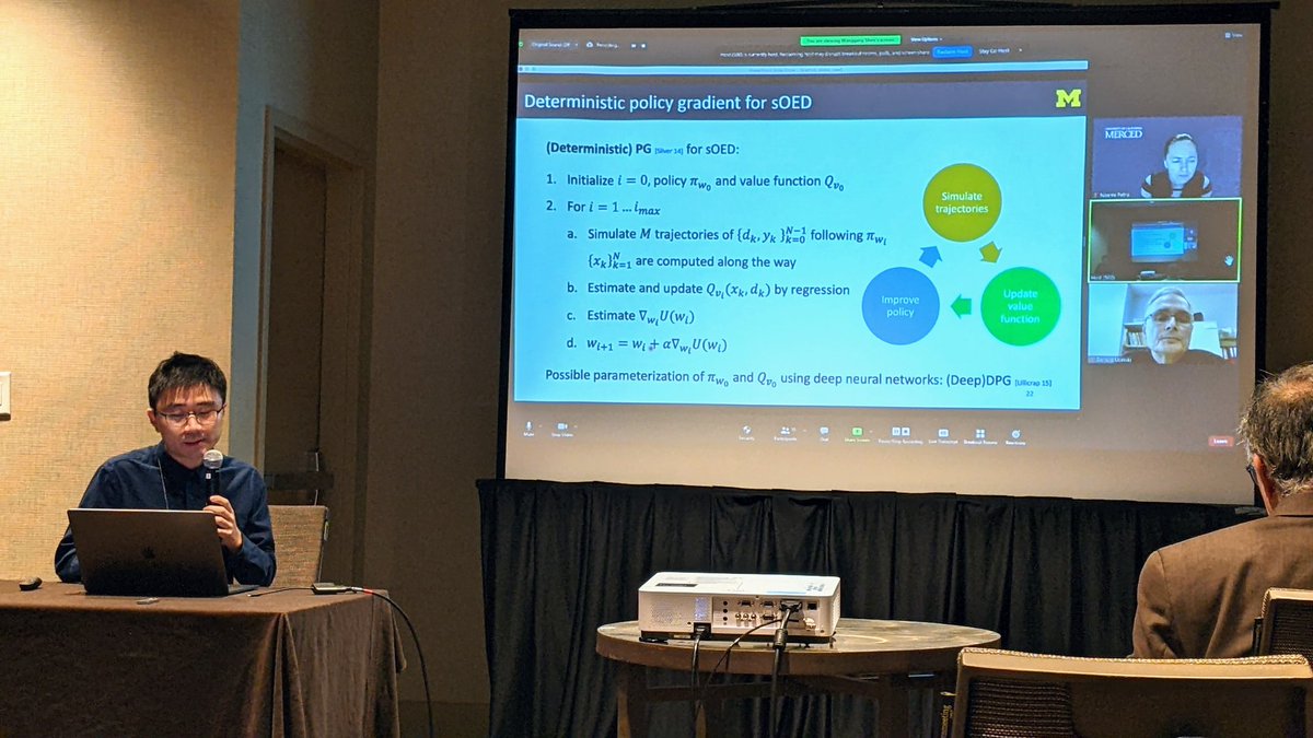 Action packed day at #SIAMUQ22! Kicking things off with Wanggang Shen, who presented on "Optimal Bayesian Design of Sequential Experiments Using Deep Deterministic Policy Gradient"🎉. More details on ArXiV: arxiv.org/abs/2110.15335
