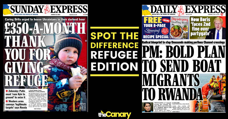 TheCanaryUK's tweet photo. This is how the racist mainstream media and racist government manufacture consent to create a hostile environment for some refugees but not others - based solely on their ethnicity. Block the borders bill! All refugees are welcome!