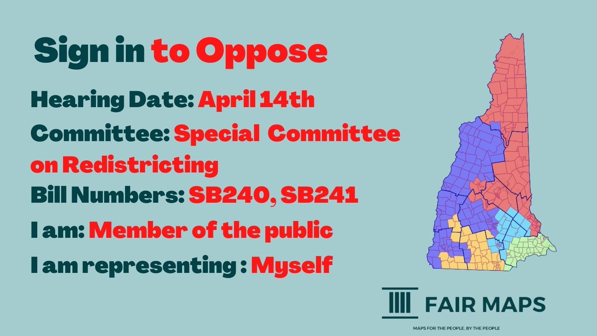 fair_nh's tweet photo. TODAY, the @NHHouseofReps Redistricting committee is holding a public hearing on unfair state Senate and Executive Council maps. 

SIGN IN to make sure the committee hears your opposition to these maps: https://t.co/Yga42q4TNW

#NHPolitics https://t.co/xD87zDajis