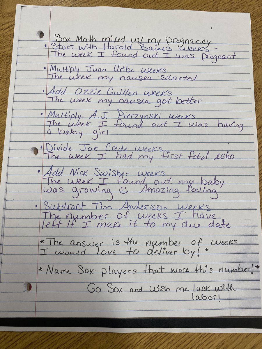 Soxgrl05's tweet photo. @jasonbenetti @stevestone here’s a @whitesox Sox math mixed with some facts of my pregnancy for you! Some humor for your broadcast today! See if you can figure it out. https://t.co/AlQFocZlO0