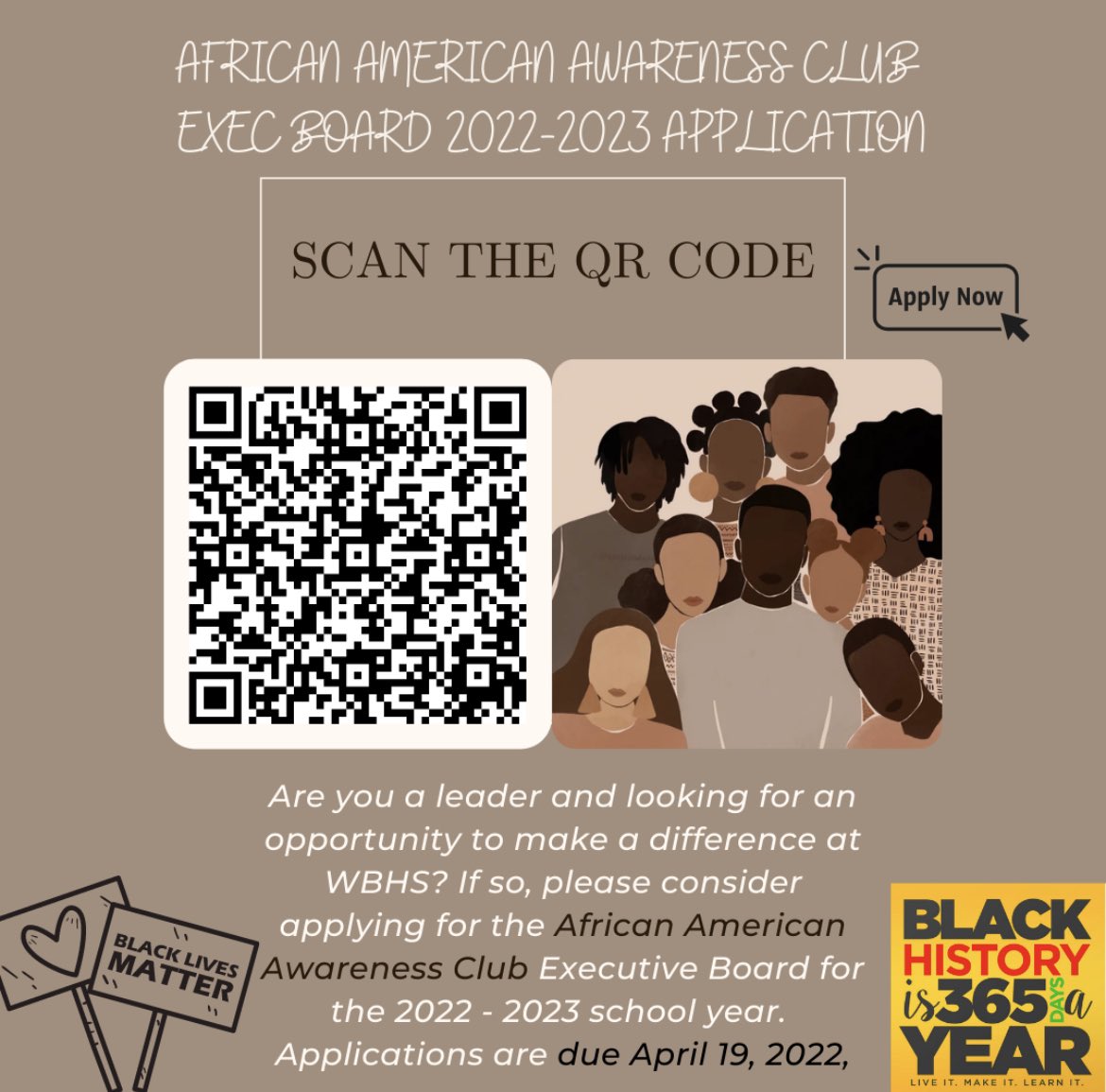 If you are interested in serving on the
Executive Board for the 2022-23 school year please scan the QR Code above! The form is due Tuesday, April 19. Email wbhsaaa1213@gmail.com if you have any questions or concerns.