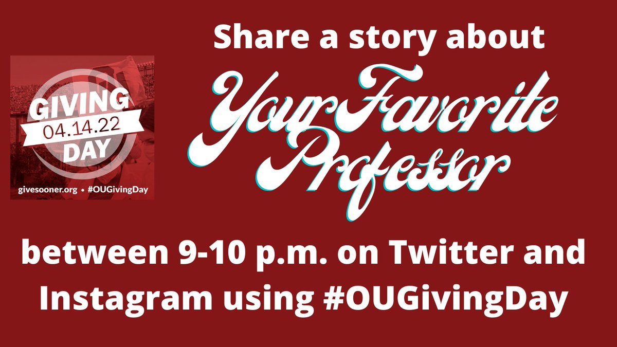 oueducation's tweet photo. It’s time! Share a story about your favorite JRCoE professor from now until 10 p.m. using the hashtag #OUGivingDay and help the college win $$$! Be sure to mention #JRCoE in your tweet! https://t.co/m0QMsaRVwy