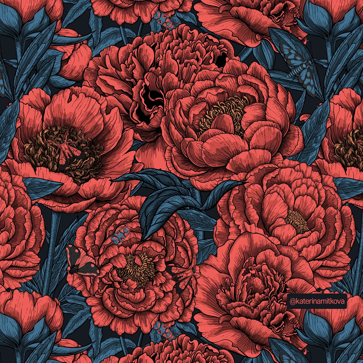 katerinamitkova's tweet photo. Peony flowers and moths, coral and blue is my entry for this week's #Spoonflower challenge "The Petal Solids Coordinates: In Bloom " if you like my design and want to vote for me https://t.co/BWPidujYt6
 #spoonflowerchallenge #spoonflowerdesigner #fabric #peony #floral #pattern https://t.co/BAeHf7h5jz