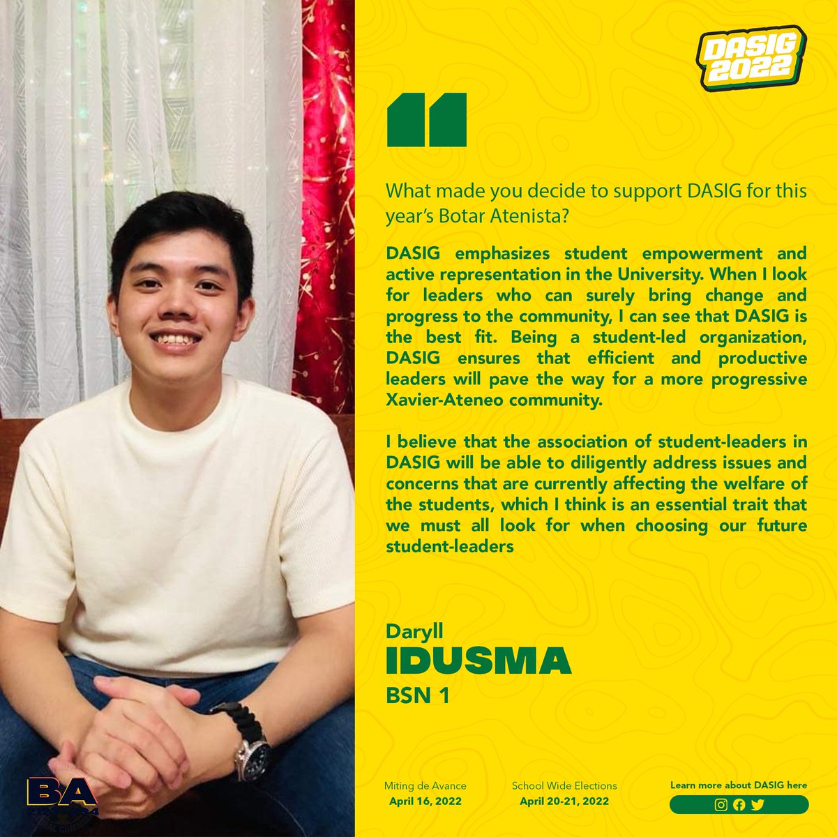 dasig2021's tweet photo. their reasons for why they choose to begin with DASIG. Here are their testimonies! 

𝑩𝒆 𝒑𝒂𝒓𝒕 𝒐𝒇 𝒕𝒉𝒆 𝒄𝒉𝒂𝒏𝒈𝒆 𝒇𝒐𝒓 𝒂 𝐛𝐞𝐭𝐭𝐞𝐫 𝐗𝐚𝐯𝐢𝐞𝐫 𝐀𝐭𝐞𝐧𝐞𝐨! 𝑻𝒂𝒓𝒂, 𝑫𝑨𝑺𝑰𝑮 𝒏𝒂!

#GSEMGreen
#WhereItAllBegins
#DASIG2022 https://t.co/oNenGSPFKg