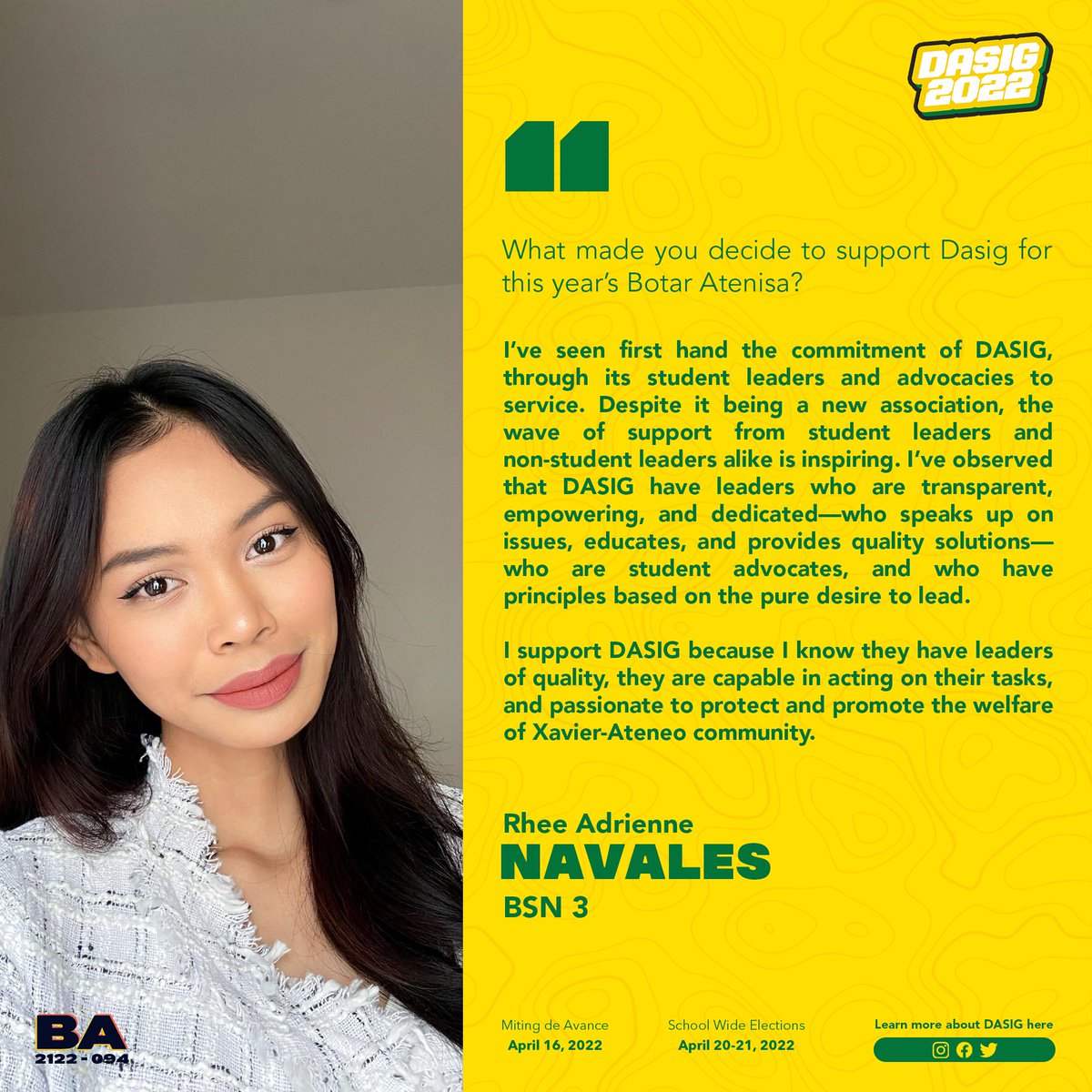 dasig2021's tweet photo. their reasons for why they choose to begin with DASIG. Here are their testimonies! 

𝑩𝒆 𝒑𝒂𝒓𝒕 𝒐𝒇 𝒕𝒉𝒆 𝒄𝒉𝒂𝒏𝒈𝒆 𝒇𝒐𝒓 𝒂 𝐛𝐞𝐭𝐭𝐞𝐫 𝐗𝐚𝐯𝐢𝐞𝐫 𝐀𝐭𝐞𝐧𝐞𝐨! 𝑻𝒂𝒓𝒂, 𝑫𝑨𝑺𝑰𝑮 𝒏𝒂!

#GSEMGreen
#WhereItAllBegins
#DASIG2022 https://t.co/oNenGSPFKg