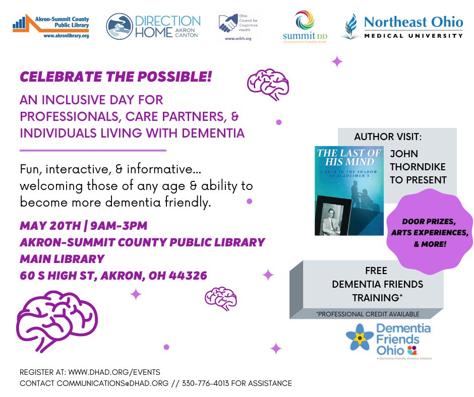 akronlibrary's tweet photo. Celebrate the Possible! - Friday, May 20, 8:30am - 3pm - Join us for a presentation from author John Thorndike, a free Dementia Friends training, door prizes, and breakout sessions with hands-on art experiences. Free and open to the public.

Register: https://t.co/t5jdEi6BKb https://t.co/zkGi447ufM