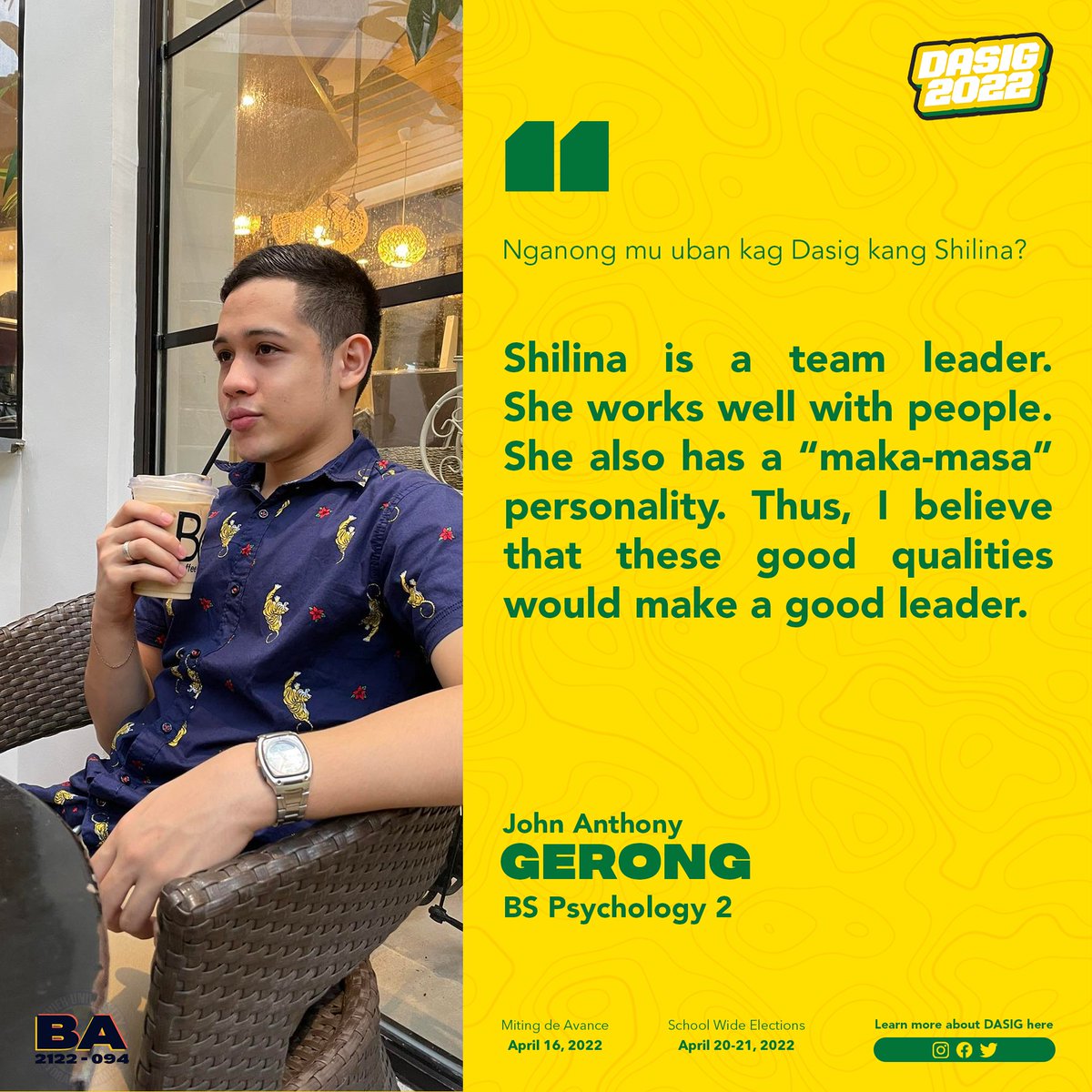 dasig2021's tweet photo. as they share to 𝐘𝐎𝐔 their reasons for why they choose to begin with DASIG. Here are their testimonies! 

𝑩𝒆 𝒑𝒂𝒓𝒕 𝒐𝒇 𝒕𝒉𝒆 𝒄𝒉𝒂𝒏𝒈𝒆 𝒇𝒐𝒓 𝒂 𝐛𝐞𝐭𝐭𝐞𝐫 𝐗𝐚𝐯𝐢𝐞𝐫 𝐀𝐭𝐞𝐧𝐞𝐨! 𝑻𝒂𝒓𝒂, 𝑫𝑨𝑺𝑰𝑮 𝒏𝒂!

#GSEMGreen
#WhereItAllBegins
#DASIG2022 https://t.co/ADY6uZfSBy