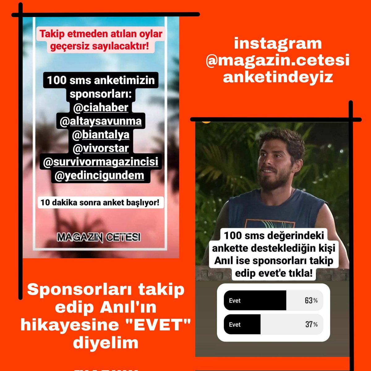 Arkadaşlar merhaba, instagramda @/magazin.cetesi anketinde herkes tüm hesaplarından sponsorları takip ettikten sonra Anıl'ın olduğu hikayeye oy veriyoruz. Hadi #abbfc 🚀