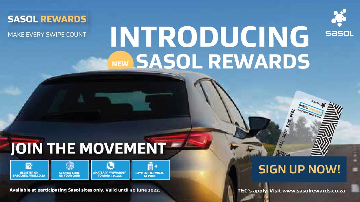 #SasolRewards is here! Join the Movement and make every Swipe count😃💳 

Sign up NOW! ⛽️🚀 Available at participating Sasol sites. Visit sasolrewards.co.za to learn all about the card that makes every swipe count.