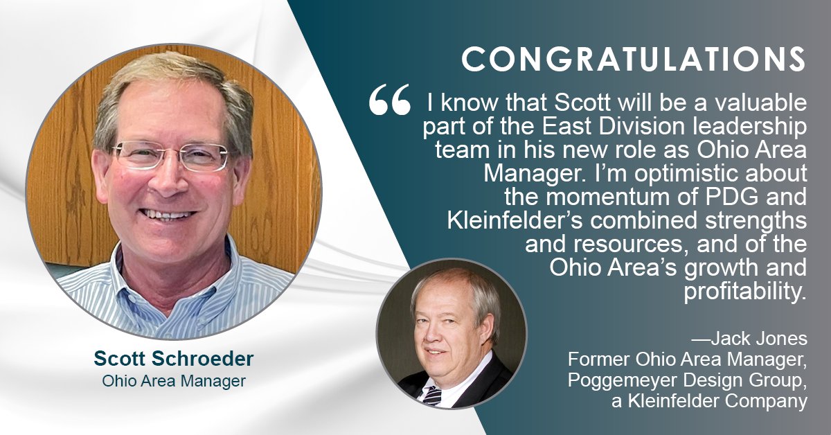 KleinfelderHQ's tweet photo. On April 1, 2022, Jack Jones of @PDG1968, a #KleinfelderCompany, transitioned out of his role as #Ohio Area Manager &amp; Scott Schroeder is being promoted to Ohio Area Manager within the East Division of Kleinfelder.

Congrats, Scott!

#Leadership #KleinfelderNews https://t.co/abUyRwhpCx