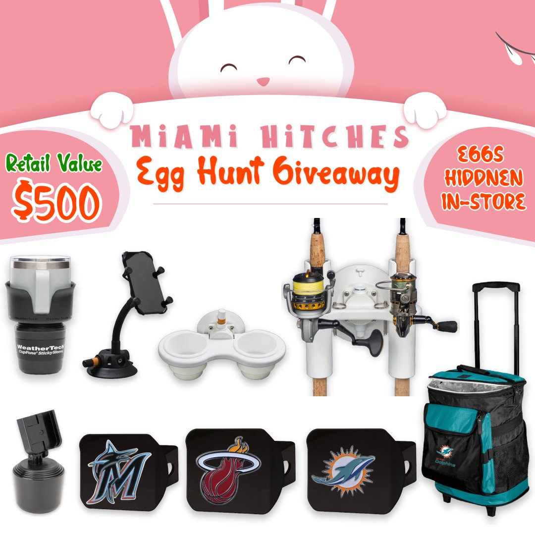 MiamiHitches's tweet photo. 🚨 Miami Hitches Egg Hunt Giveaway 🚨

We are giving away 7 prizes 🎁 to 7 lucky winners! 🌟 
To win a prize you must find 1 of 7 eggs located in our stores’ Waiting Room. 
There are 6 colored eggs and 1 golden egg. 

To be a winner and claim your prize, you must: https://t.co/Ij4oSVpNHe