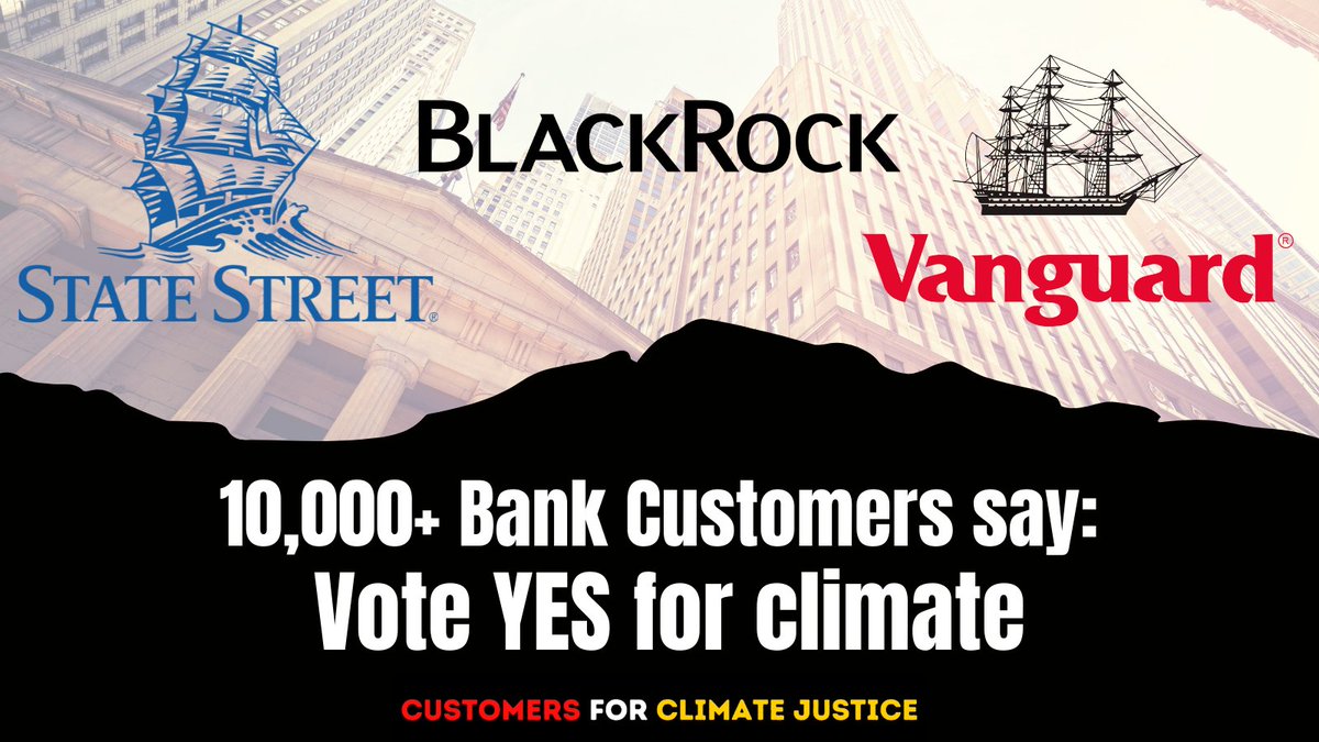 StopMoneyPipe's tweet photo. In two weeks, shareholders will vote on key climate resolutions. 

10,000 customers asked their bank's investors to vote YES for climate! 

If @BlackRock @Vanguard_Group @StateStreet don’t act now, they are risking catastrophic consequences for the planet + economy. 
#C4CJ https://t.co/8HQlfuVHxp