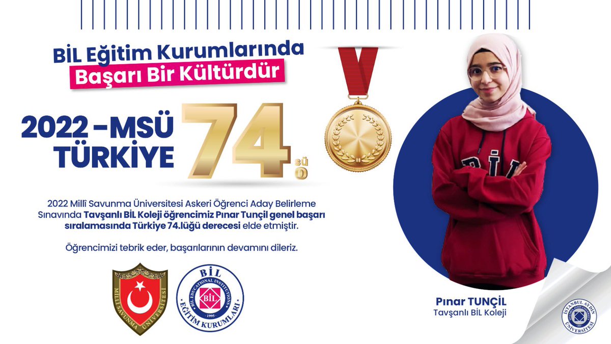 Gurur duydum🏅2022 MSÜ Askeri Öğrenci Aday Belirleme sınavında <a href="/Biltavsanli/">Bil Koleji Tavşanlı</a> öğrencilerimizden Gamze Nur ALTUN TÜRKİYE 7. si ve Pınar TUNÇİL TÜRKİYE 74. sü olmuştur. Tavşanlı BİL Koleji Kurucu, yönetici, öğretmen ve öğrencilerimizi tebrik ediyor, başarılarının devamını diliyorum.