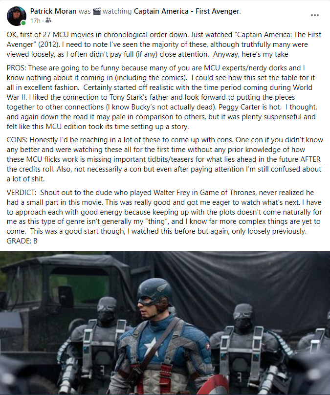 PatrickMoranTB's tweet photo. MCU 1-of-27 chronologically. "Captain America, First Avenger" (2008). Here's my take and grade, easier to just cut-and-paste from my Facebook. #MCUbinge https://t.co/gsDS0IhVWy