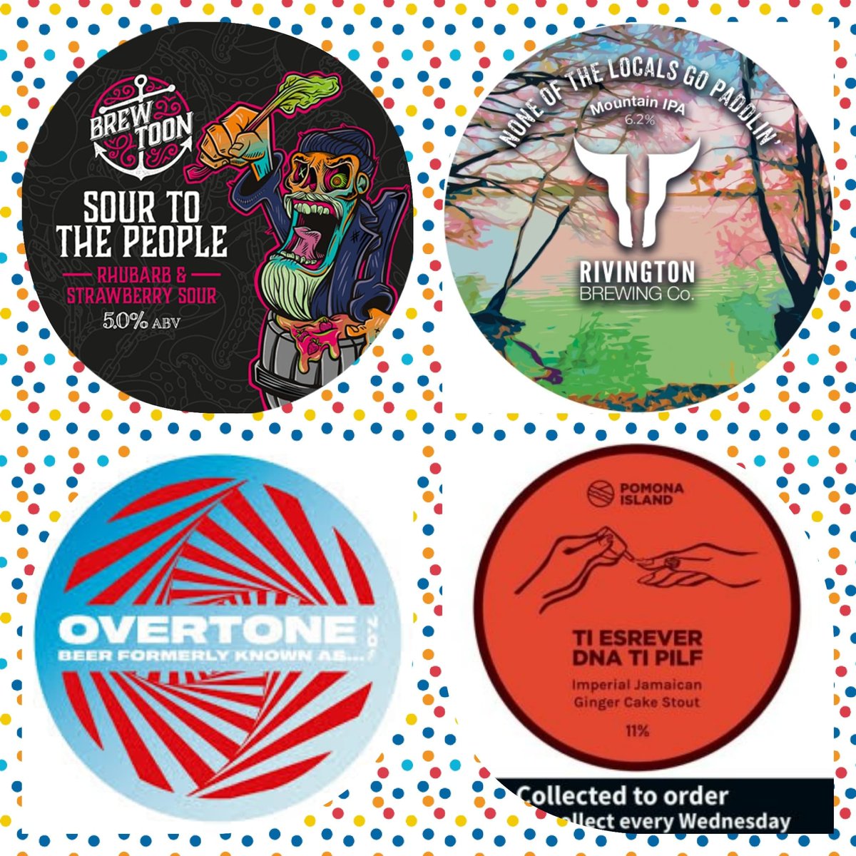 wigancentral's tweet photo. This week's FRIDAY FOURS line up pouring from Noon tomorrow π
@BrewToon - Sour To The People 5%
@rivingtonbrewco - None Of The Locals Go Paddlin' 6.2%
@Overtonebrewing - Beer Formally Known As 7%
@PomonaIslandbrewery - TI ESREVER DNA TI PILF 11%
#fridayfours #fourbat https://t.co/nPtTN3EsNe