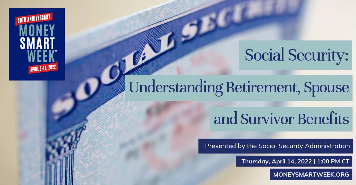 Understanding #SocialSecurity and how to make the most of benefits in #Retirement can be challenging. Join the #MSW2022 webinar on April 14 @ 1:00 p.m. CT to learn about resources from 
<a href="/SocialSecurity/">Social Security</a>  Register: bit.ly/3oW2Ubz