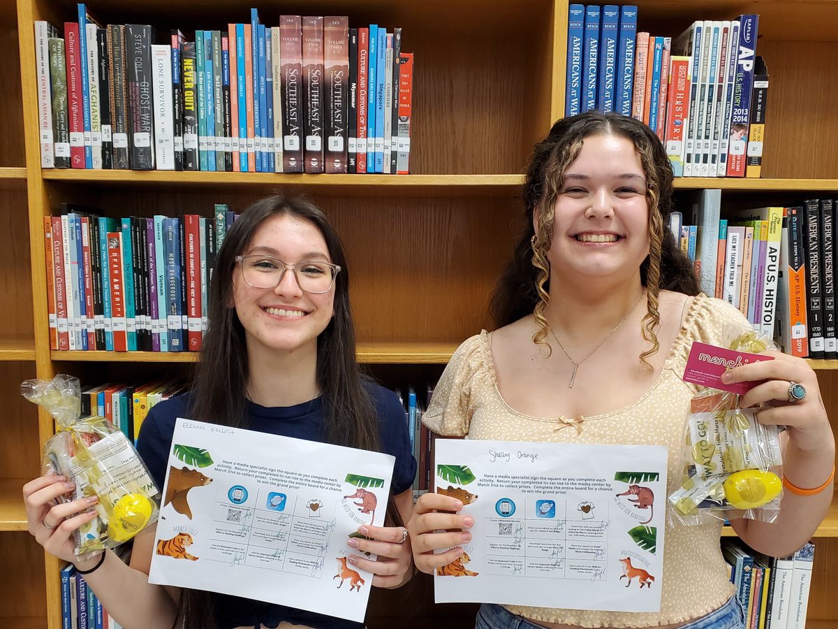 NanLanford's tweet photo. Congrats to Elena K and Shelby O knocking the March Go Wild for Reading Tic Tac Toe challenge out of the park! These ladies completed all of the activities and won an awesome gift pack provided by
@CherokeeSchools full of gift cards from the community! @CcsdMedia #GetCCSDReading https://t.co/QewJr88kI3