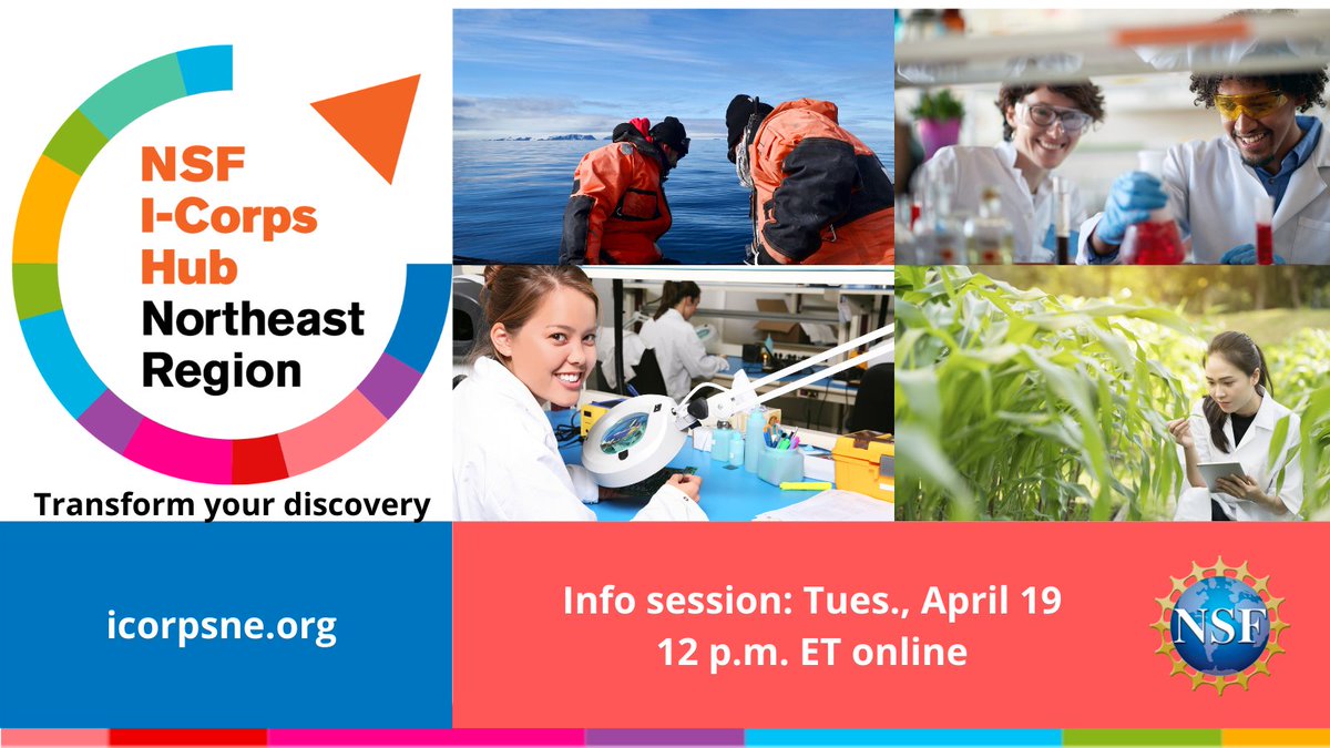 Researchers: Chart your path from discovery to innovation with the I-Corps Northeast Hub. Our next information session is Tues., April 19, 12 p.m. ET online. All researchers in the NE region are welcome to this session, hosted by Rutgers U. Register eventbrite.com/e/i-corps-nort…