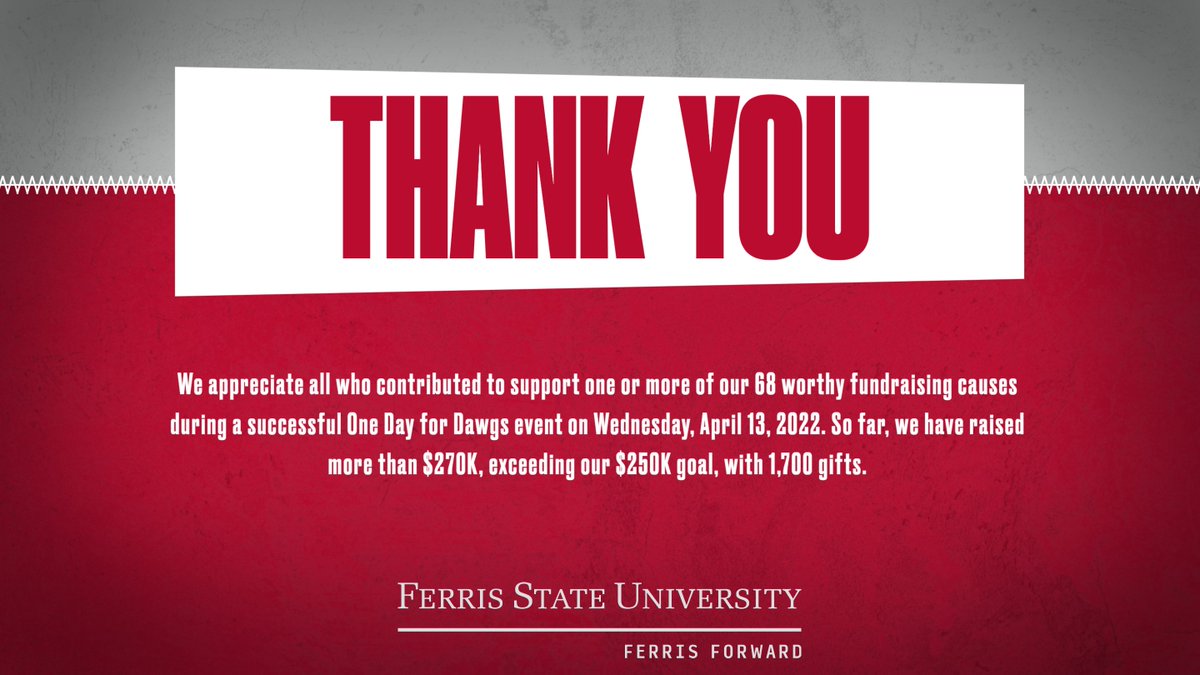 FerrisState's tweet photo. Thank you, Bulldog Nation, for pulling together to exceed our 2022 One Day for Dawgs fundraising goal of $250,000. So far, approximately 1,700 contributors have raised more than $270,000, supporting 68 worthy causes. Awesome work, Bulldogs. #FerrisForward #FERR1S #ImABulldog https://t.co/0p5ssR1NKV