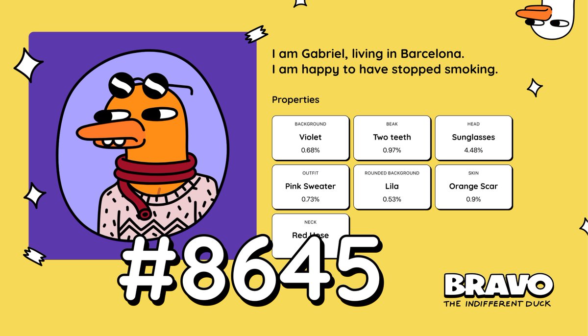 A new <a href="/IndifferentDuck/">The Indifferent Duck</a>, a new story to share. He is Gabriel, living in Barcelona. He is extremely proud to have stopped smoking. #BravoNFT #TopTopTop