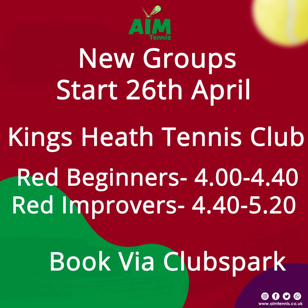 AimTennisuk's tweet photo. Looking for some tennis for kids to try or wanting to add an extra lesson for them. New Red Ball Groups starting 26th April @KHTennisClub
#tennis #coaching #newgroups https://t.co/oh1FxcJHeo