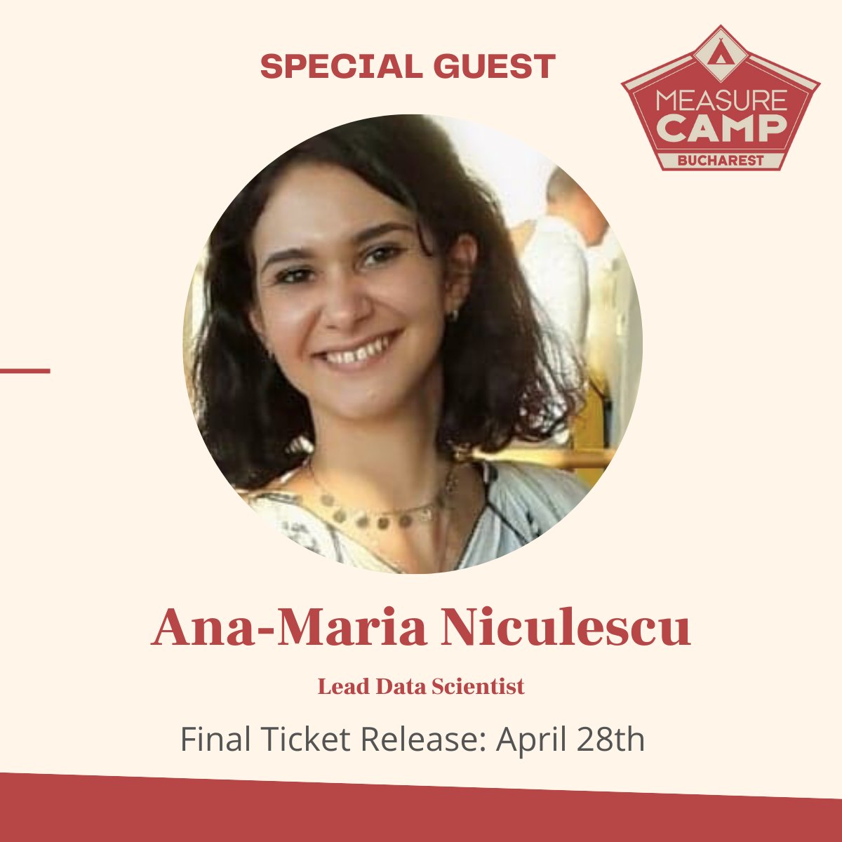 MeasureCampBu's tweet photo. Ana Maria Niculescu is Lead Data Scientist at Numeract where she is working on the entire infrastructure of a large-scale Data Science project in Sales.

Don’t miss our last ticket release on April 28! Last chance to grab your ticket!
https://t.co/BR6eQzT8TS https://t.co/UkPXgxEsj0