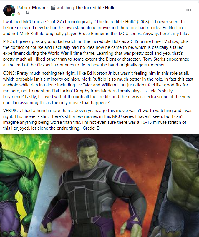 PatrickMoranTB's tweet photo. MCU 5-of-27 chronologically. "The Incredible Hulk" (2008). Here's my take and grade, easier to just cut-and-paste from my Facebook. #MCUbinge https://t.co/4630fM3IAu