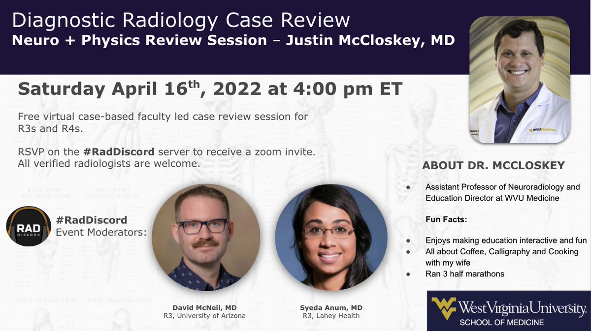RadDiscord's tweet photo. Happy Easter week everyone! 🎉

This weekend will feature double sessions with @J_McCloskeyMD 

➡️Neuro + Physics + NIS⬅️

These will be *interactive* using audience response, so please come ready to participate!!!

See you at the normal time 👋

#Fun2Come https://t.co/NpuR688Gg1