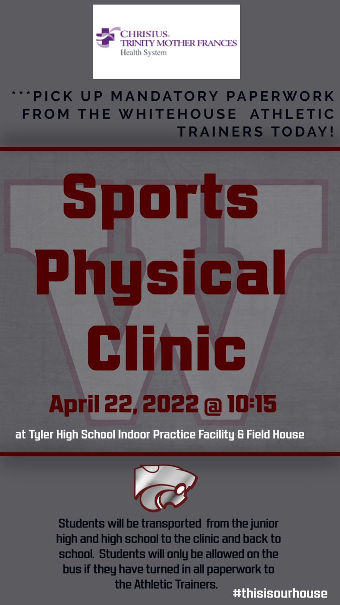 Free physical clinic! All incoming 7th graders, 9th graders and 11th graders will need a new physical for athletics. Stop by the training room to pick up the mandatory forms for the physical clinic.