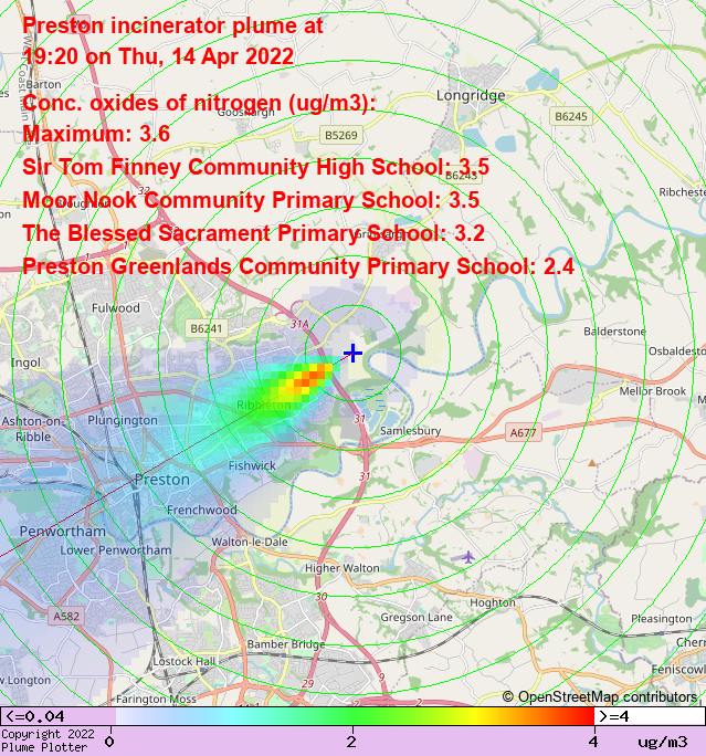 plumeplotter's tweet photo. Latest Preston incinerator plume plot, 19:20 14/04/22 #Brookfield #Grange #Ribbleton https://t.co/vYUTMnLQDm https://t.co/NP5wrRWVp9