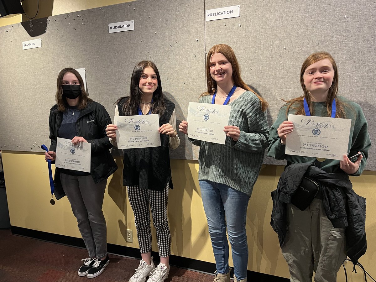 TrishaAbel's tweet photo. Our Superior Award winners from our Section 8AA Visual Arts Festival. Emma Angerhofer in painting, Summer Langva in Digital, Izzy Jones in Ceramics and Sarah Rasmussen in Digital. #MontiMagic #MontiArts https://t.co/45iqd7H6A6