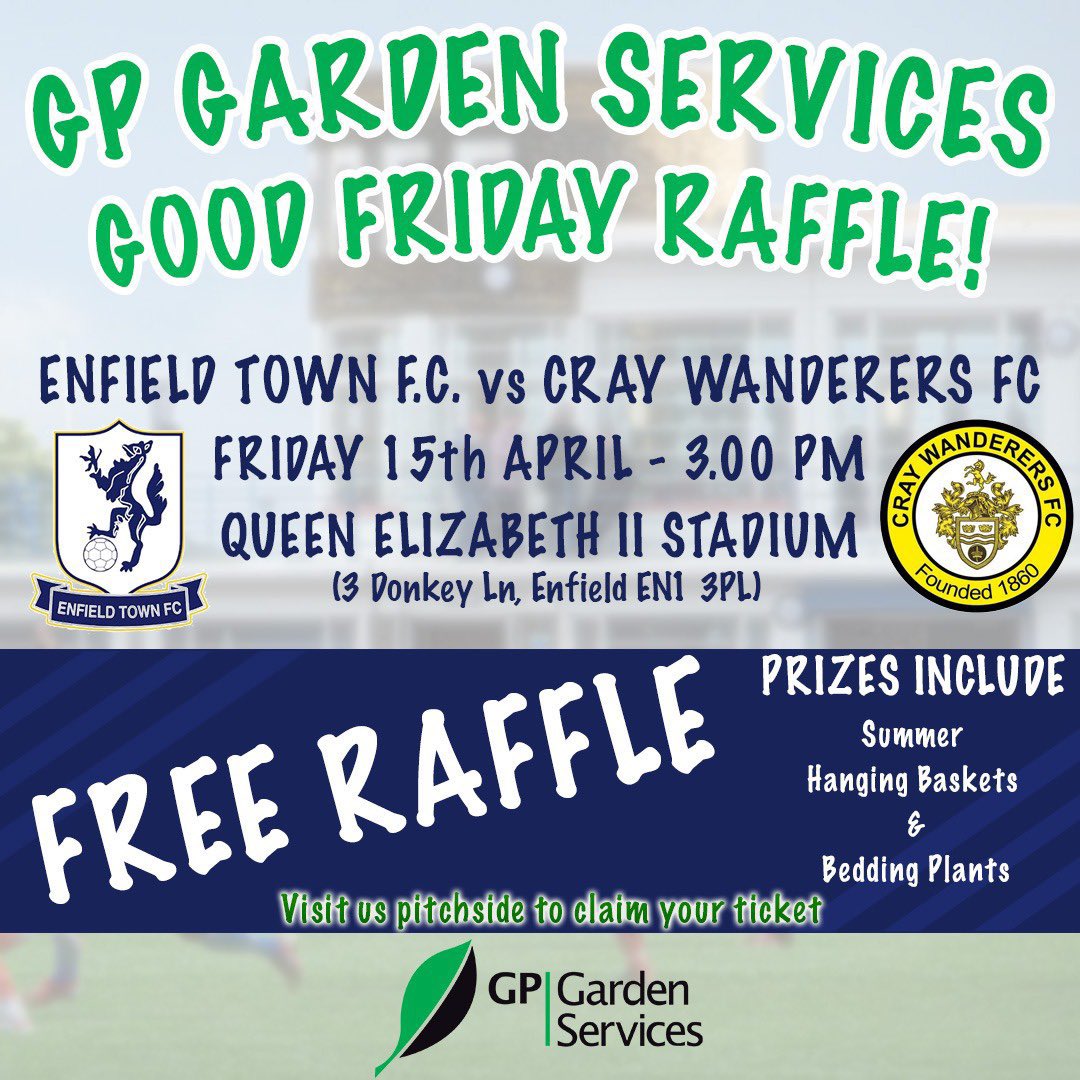Enfield Town FC (@etfcofficial) on Twitter photo 1-GOOD FRIDAY FOOTBALL 3PM KO
2- FREE GARDEN RAFFLE
Our valued Sponsors <a href="/GPGardenService/">GP Garden Services</a> will be holding a free Raffle for all attending Supporters at Tomorrow’s Good Friday league game v’s <a href="/OfficialWands/">Cray Wanderers FC</a>
Come along and join in on the fun ⚽️ 1-GOOD FRIDAY FOOTBALL 3PM KO
2- FREE GARDEN RAFFLE
Our valued Sponsors <a href="/GPGardenService/">GP Garden Services</a> will be holding a free Raffle for all attending Supporters at Tomorrow’s Good Friday league game v’s <a href="/OfficialWands/">Cray Wanderers FC</a>
Come along and join in on the fun ⚽️