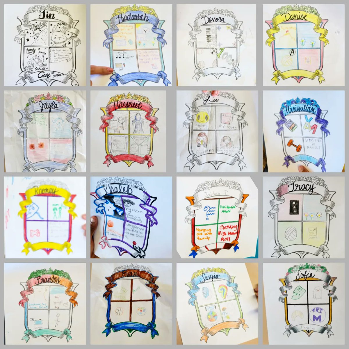 classwithcassa's tweet photo. We closed out #MedievalEurope by creating a #CoatOfArms - #HabitOfMind strength, something significant, activities/skills/hobbies & what we take pride in. So proud of these Young Historians and scholars! Swipe to be impressed by authentic creativity! 💛 #RamPride https://t.co/g8f1W5GROZ