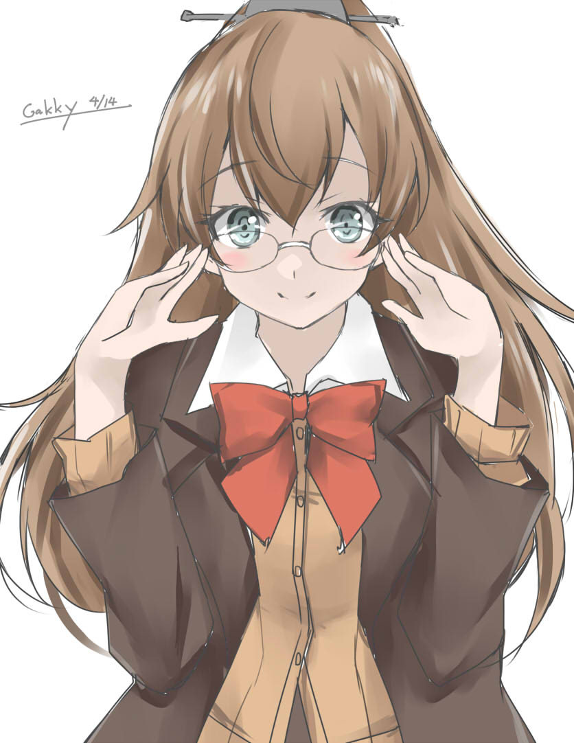 kumano (kancolle) 1girl solo glasses brown hair long hair bespectacled ponytail  illustration images