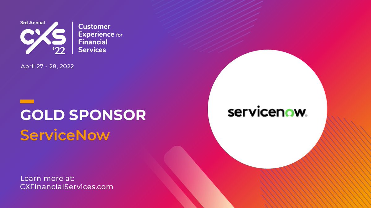 Provide efficient, resilient financial services operations for enhanced customer and employee experiences with <a href="/ServiceNow/">ServiceNow</a> ! We are beyond thrilled to be welcoming you to the #CXFS2022 summit as a gold sponsor!