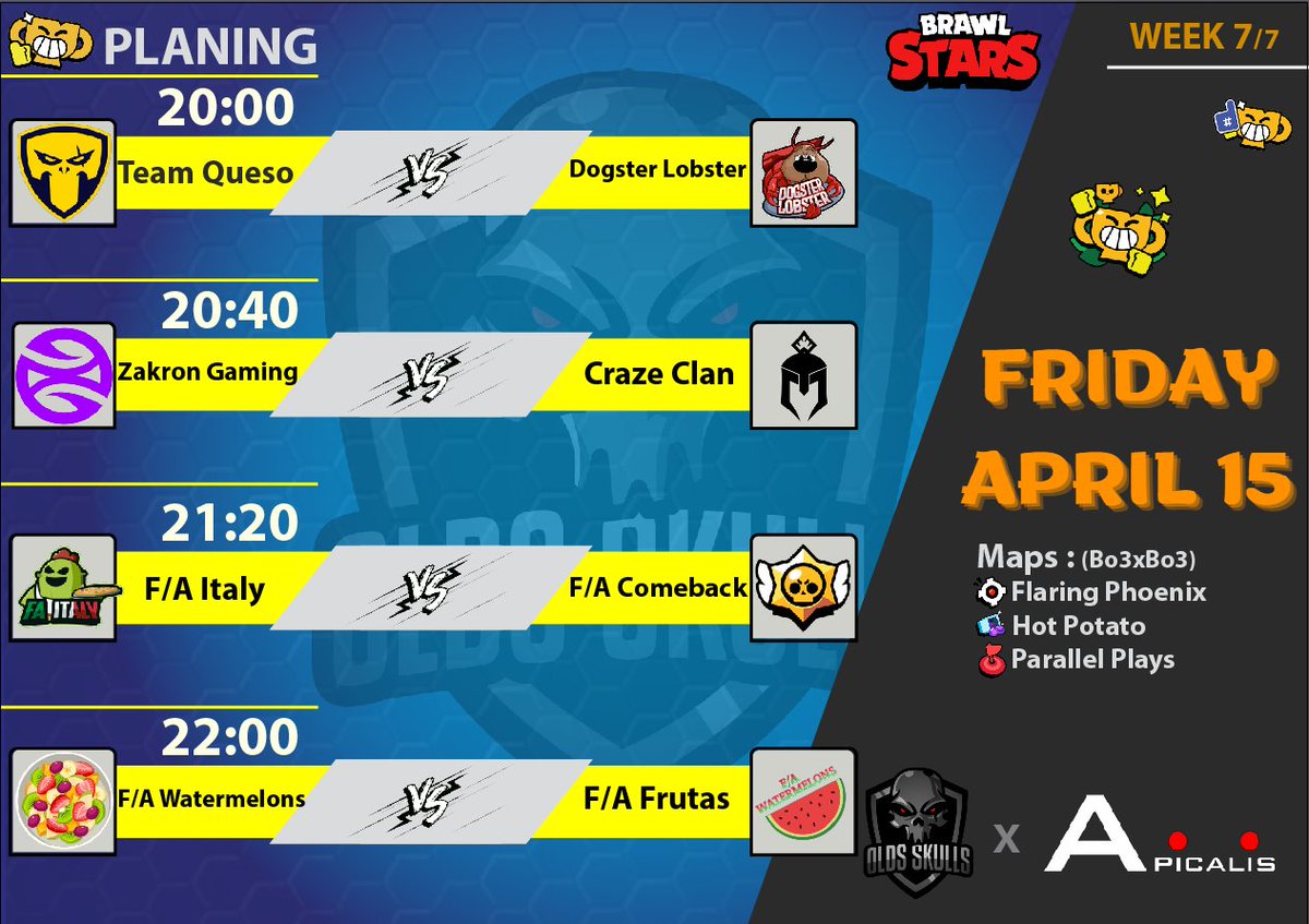 📢 [LEAGUE NEWS]

Hello to all! 👊

Here is the program for this final day of league! 🤩
Who will finish in the top 4?! 

➡️ See you tomorrow at 20:00 CEST on the <a href="/Kuzan_off/">Kuzan</a> stream to follow this ! 🙂

#OldsSKULLS_League 🧡