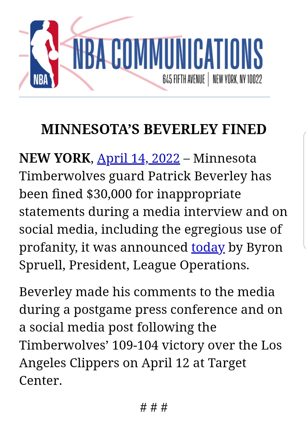 Timberwolves' Patrick Beverley fined $30K for inappropriate