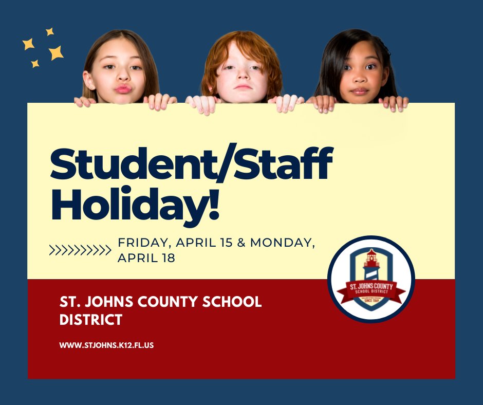 SJCSD's tweet photo. 𝑵𝒐 𝑺𝒄𝒉𝒐𝒐𝒍 𝑭𝒓𝒊𝒅𝒂𝒚 𝒂𝒏𝒅 𝑴𝒐𝒏𝒅𝒂𝒚! Friday, April 15 and Monday, April 18 are holidays for students, teachers and staff. We hope you enjoy a nice, long weekend with family and friends! https://t.co/6MMtaOT91D